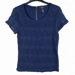 VERVE Ami Shirt Top‎ Womens Small Lace Navy Short Sleeve Pullover Back Zipper
